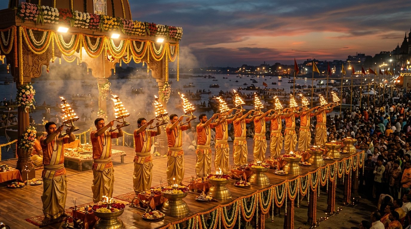 Scaling the Grandeur: Arranging a 16-Priest Ganga Aarti for Cultural Festivals