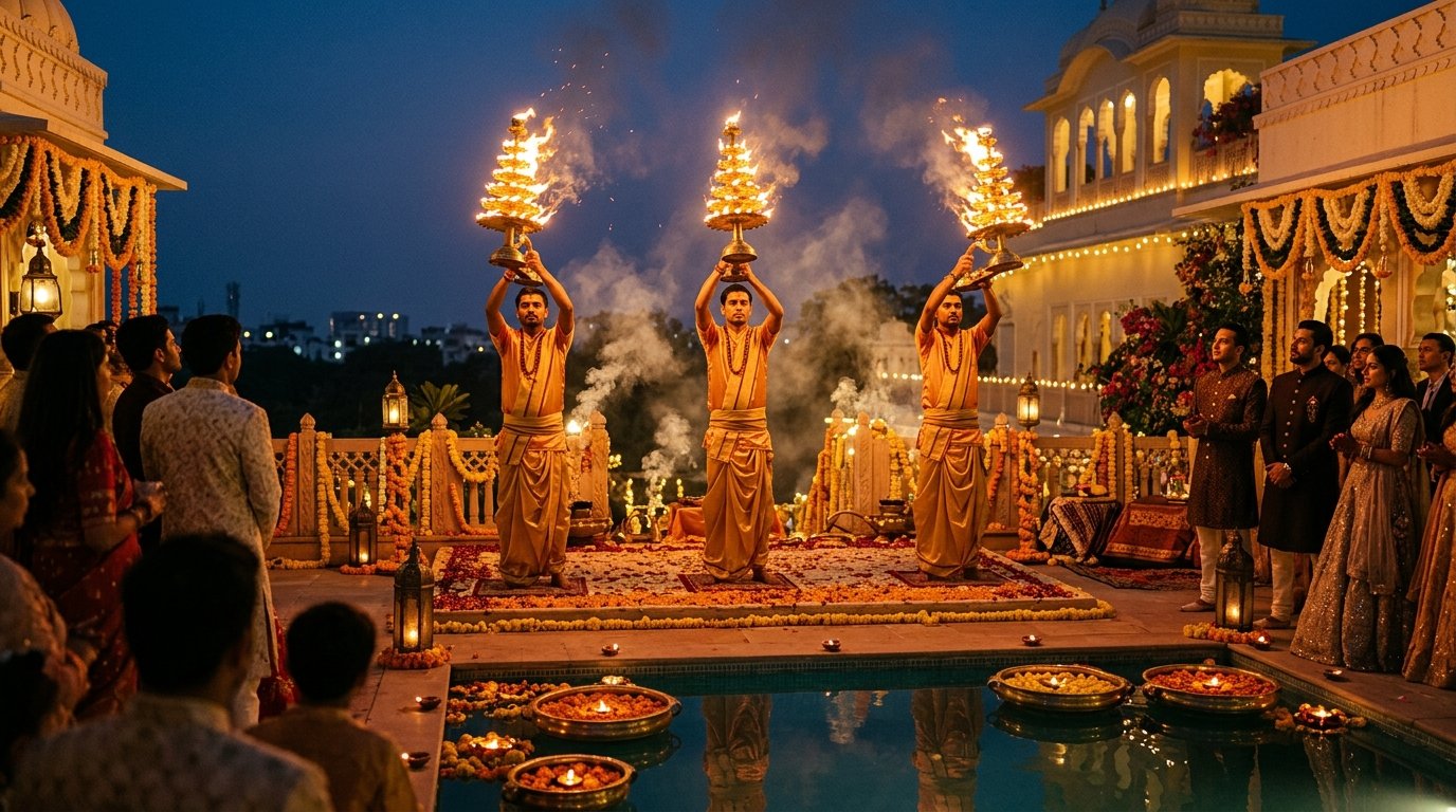 Reimagining Hyderabad Sangeet & Welcome Dinners with Shankhnaad and Sacred Fire Rituals