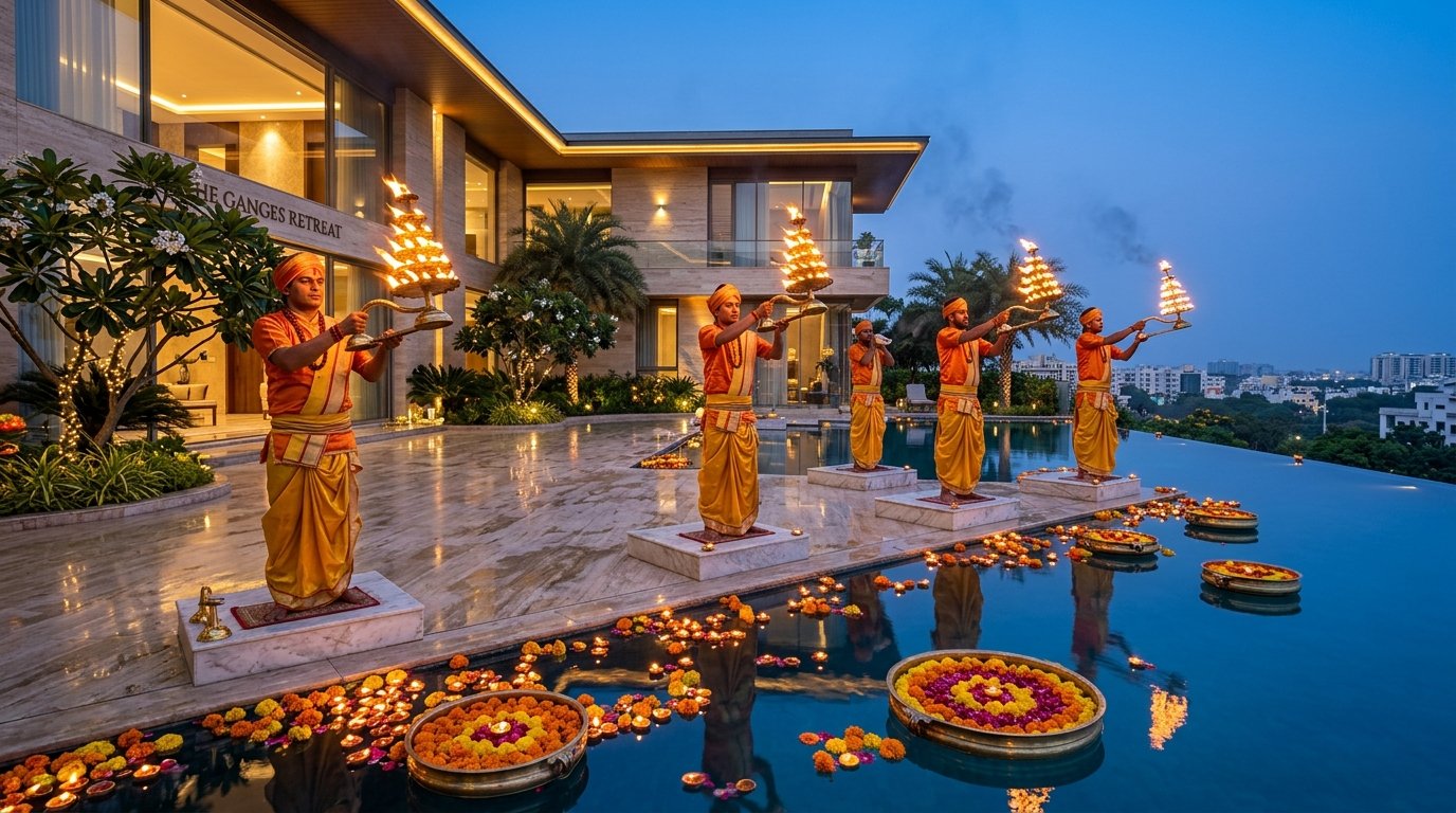 Hosting an Authentic Kashi Ganga Aarti for Luxury Villa Griha Pravesh in Jubilee Hills & Kokapet