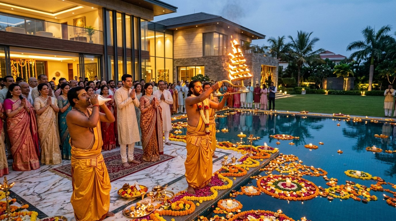 Hosting an Authentic Kashi Ganga Aarti for Luxury Villa Griha Pravesh in Bangalore